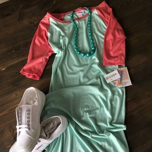 NWT LuLaRoe Julia S coral and aqua baseball sleeve